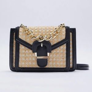 Zara - Black & Tan Wicker Crossbody w/ Gold Chain Handle
